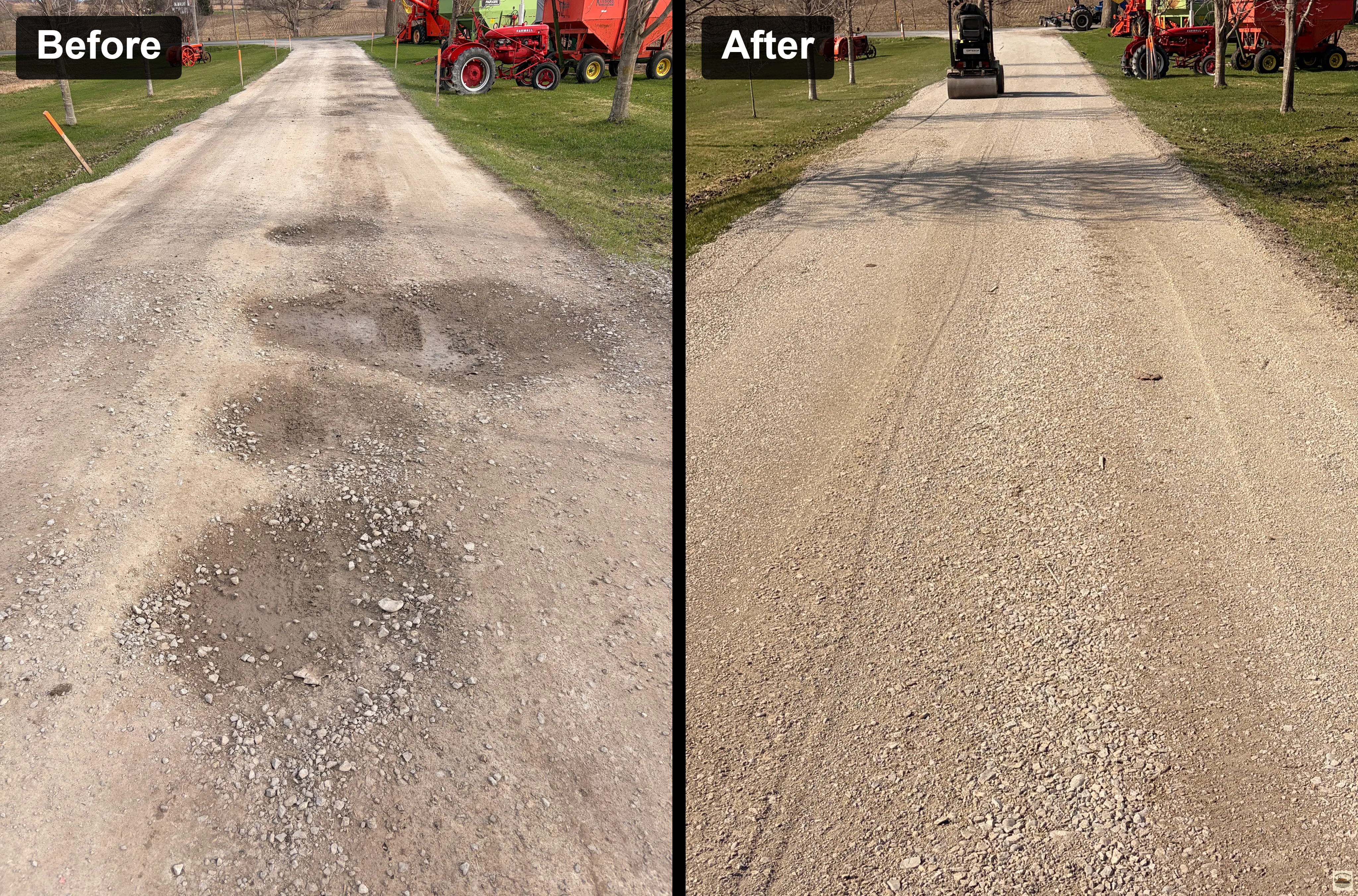Gravel driveway before and after pothole restoration comparison