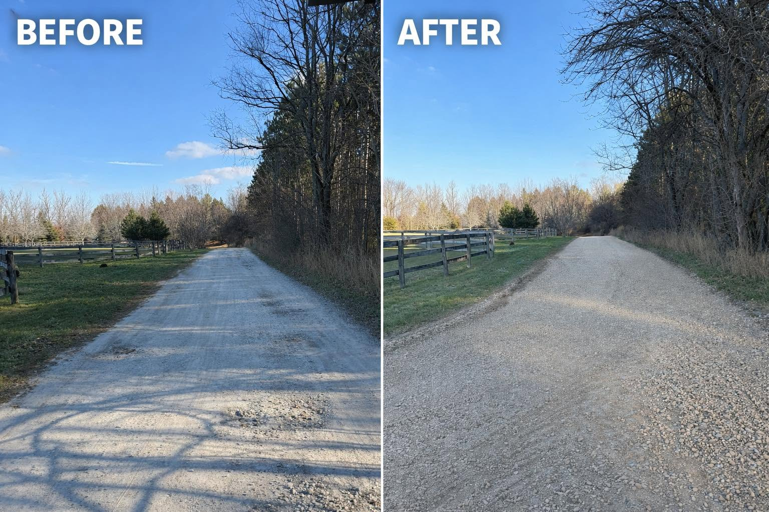 Before and after comparison of country lane showing pothole elimination and fresh gravel surfacing